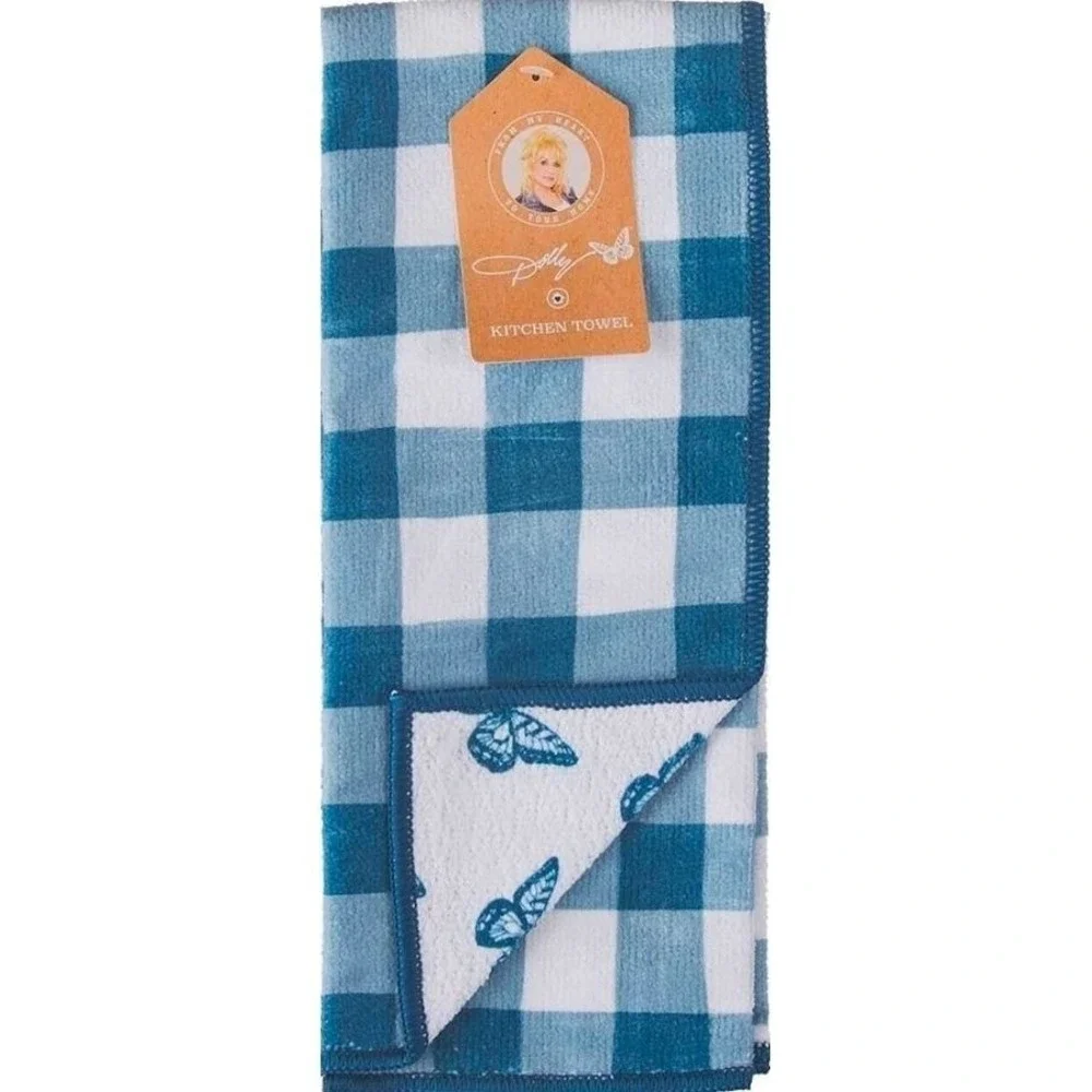 Dolly Kitchen Towel Blue White Buffalo Check Butterfly Reversible NWT #339 762-4